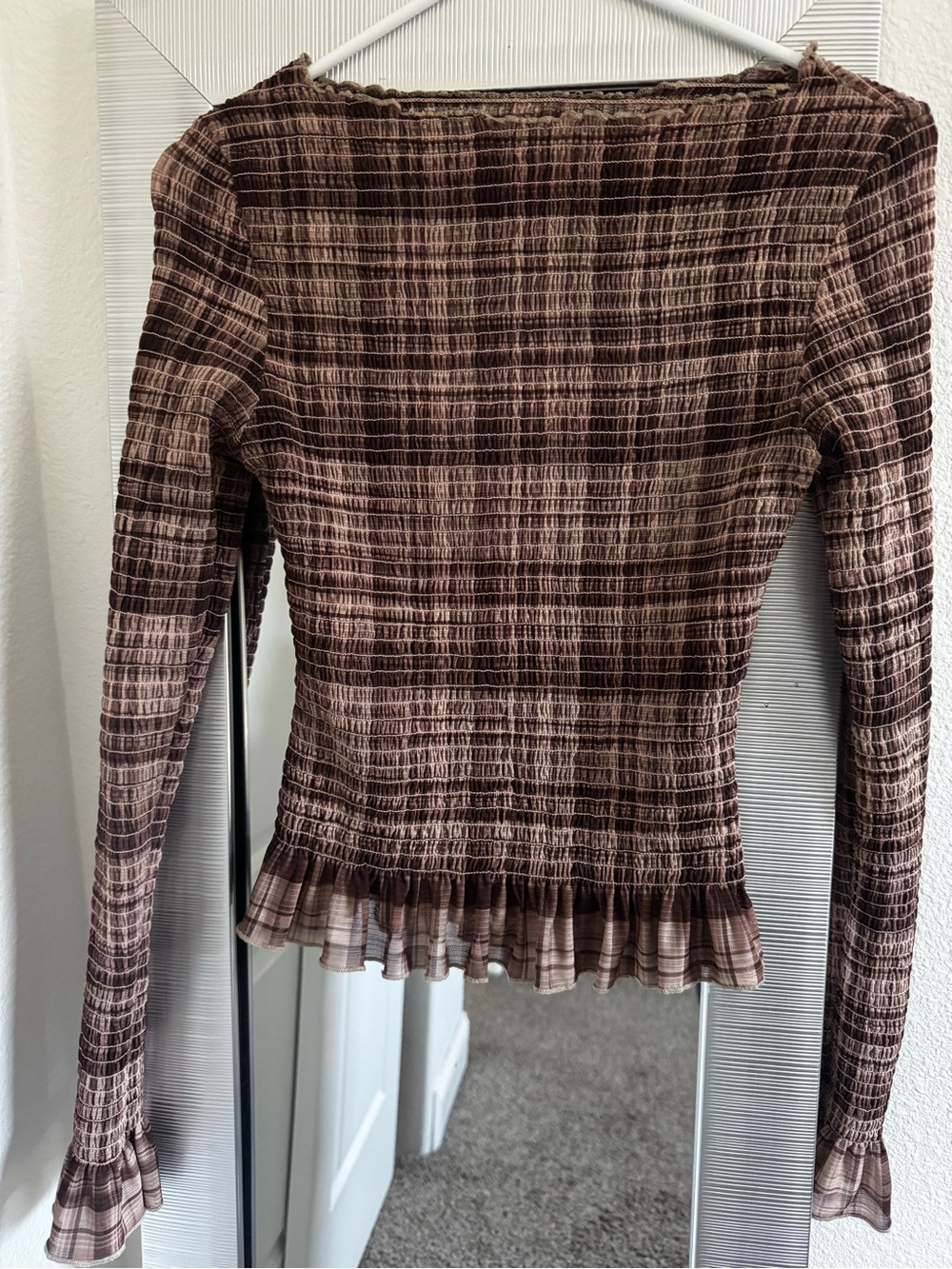 Kimchi Blue Brown Plaid Smocked Long Sleeve Top